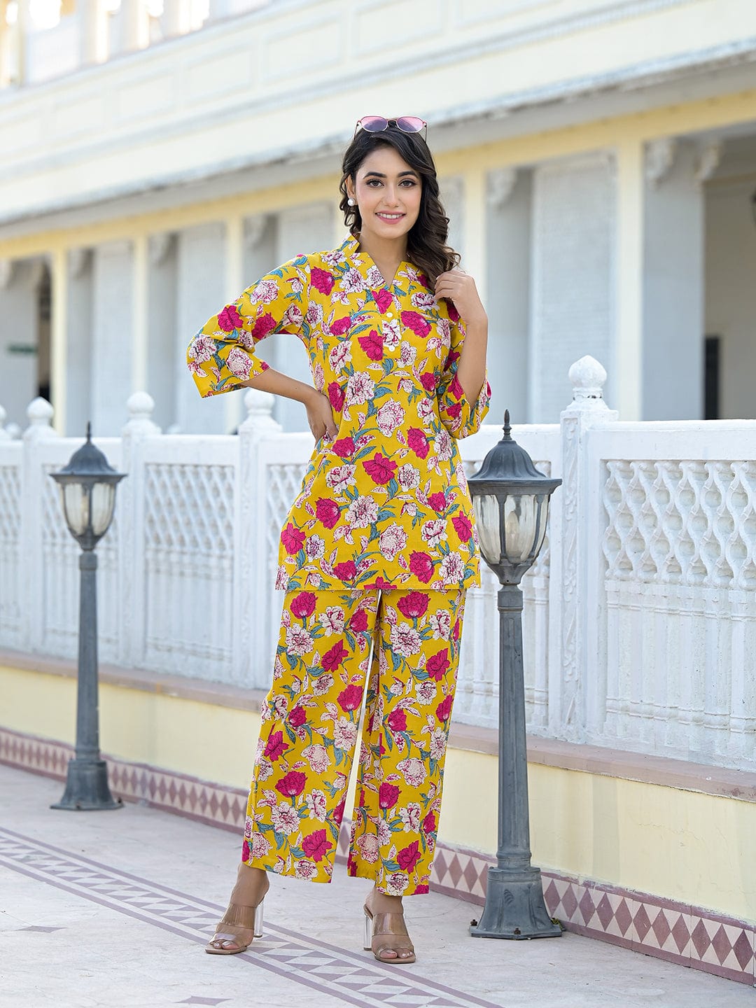 The Kurti Collection Women Yellow Floral Printed Notch Collar V-Neck Co-Ords