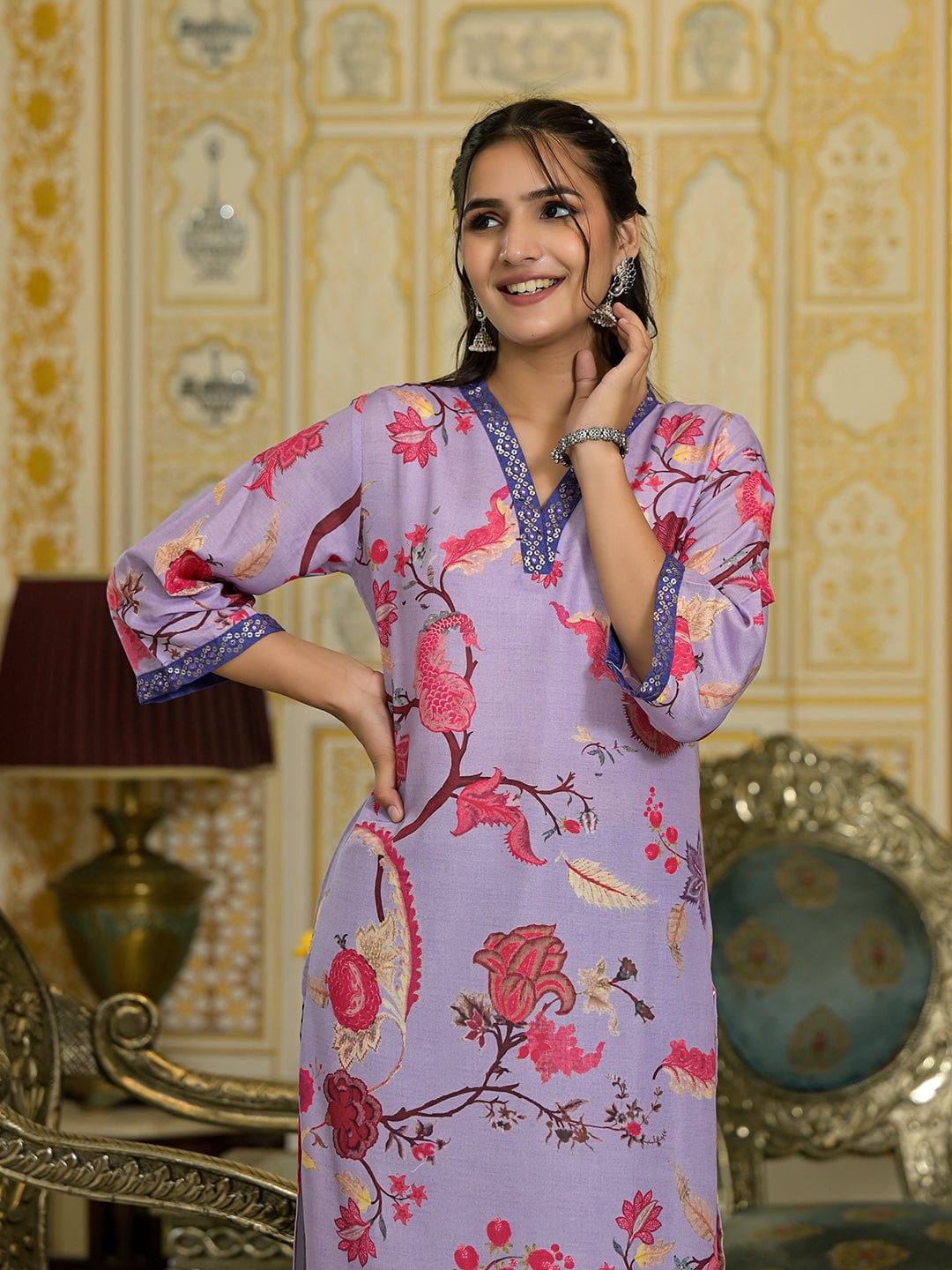The Kurti Collection Women Lavender Floral Printed V-Neck Straight Kurta With Three Quarter Bell Sleeves