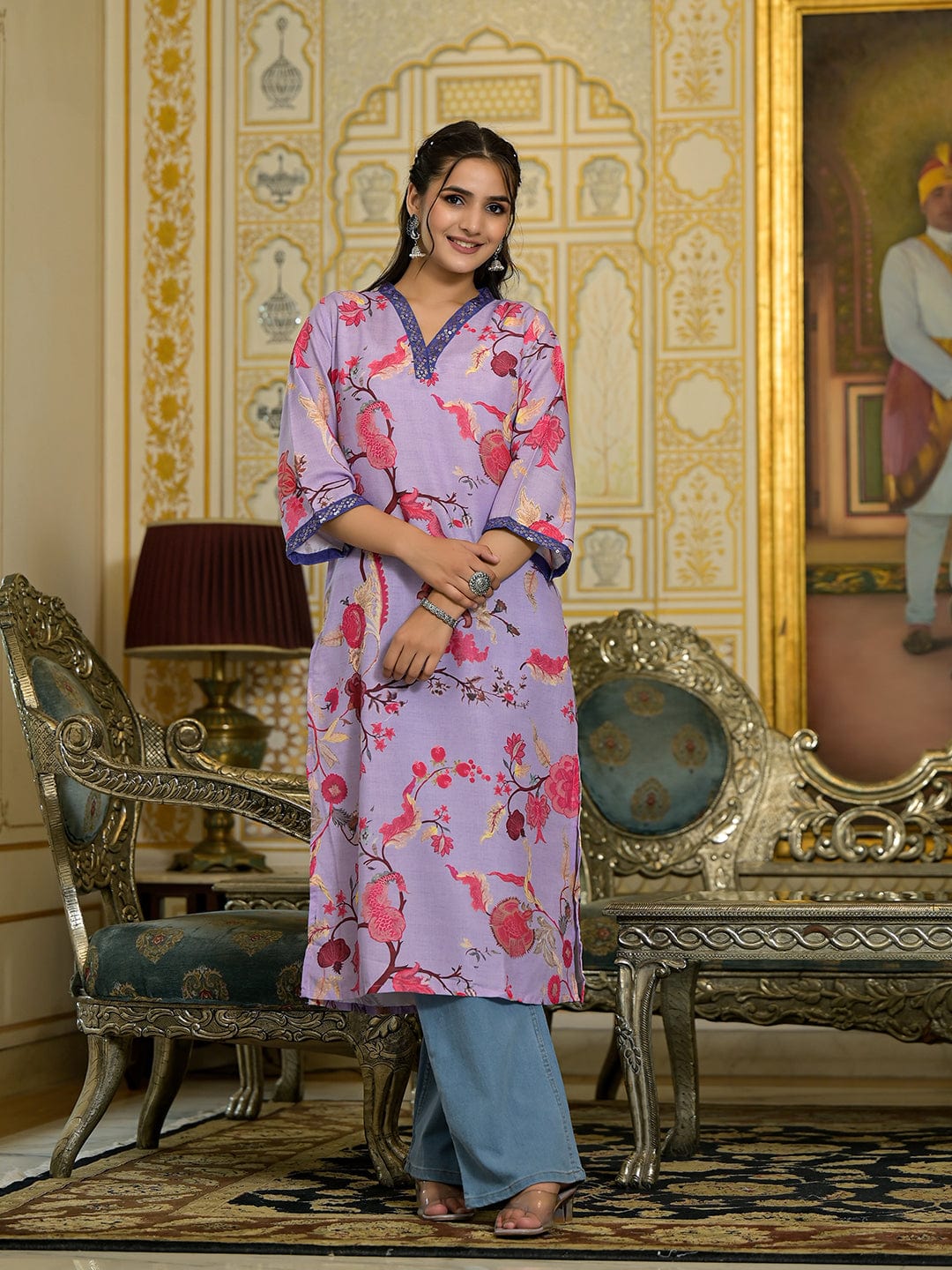 The Kurti Collection Women Lavender Floral Printed V-Neck Straight Kurta With Three Quarter Bell Sleeves