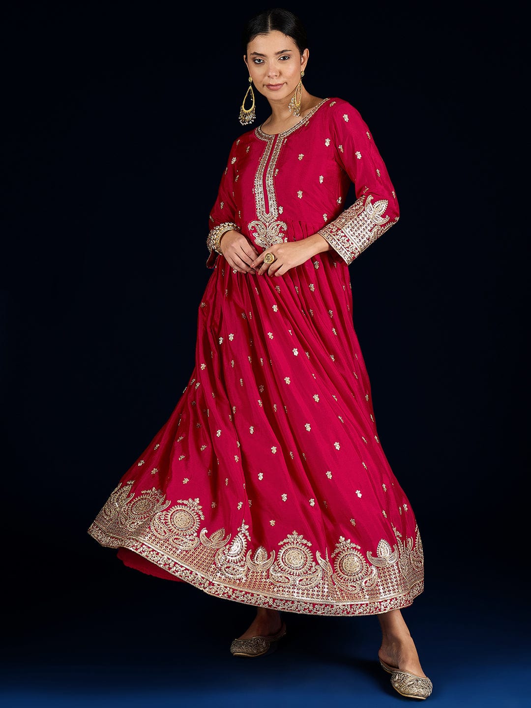 The Kurti Collection A Fuchsia Anarkali Set In Rich Vichitra Fabric With Zari Embroidery, Paired With An Embroidered Organza Dupatta.