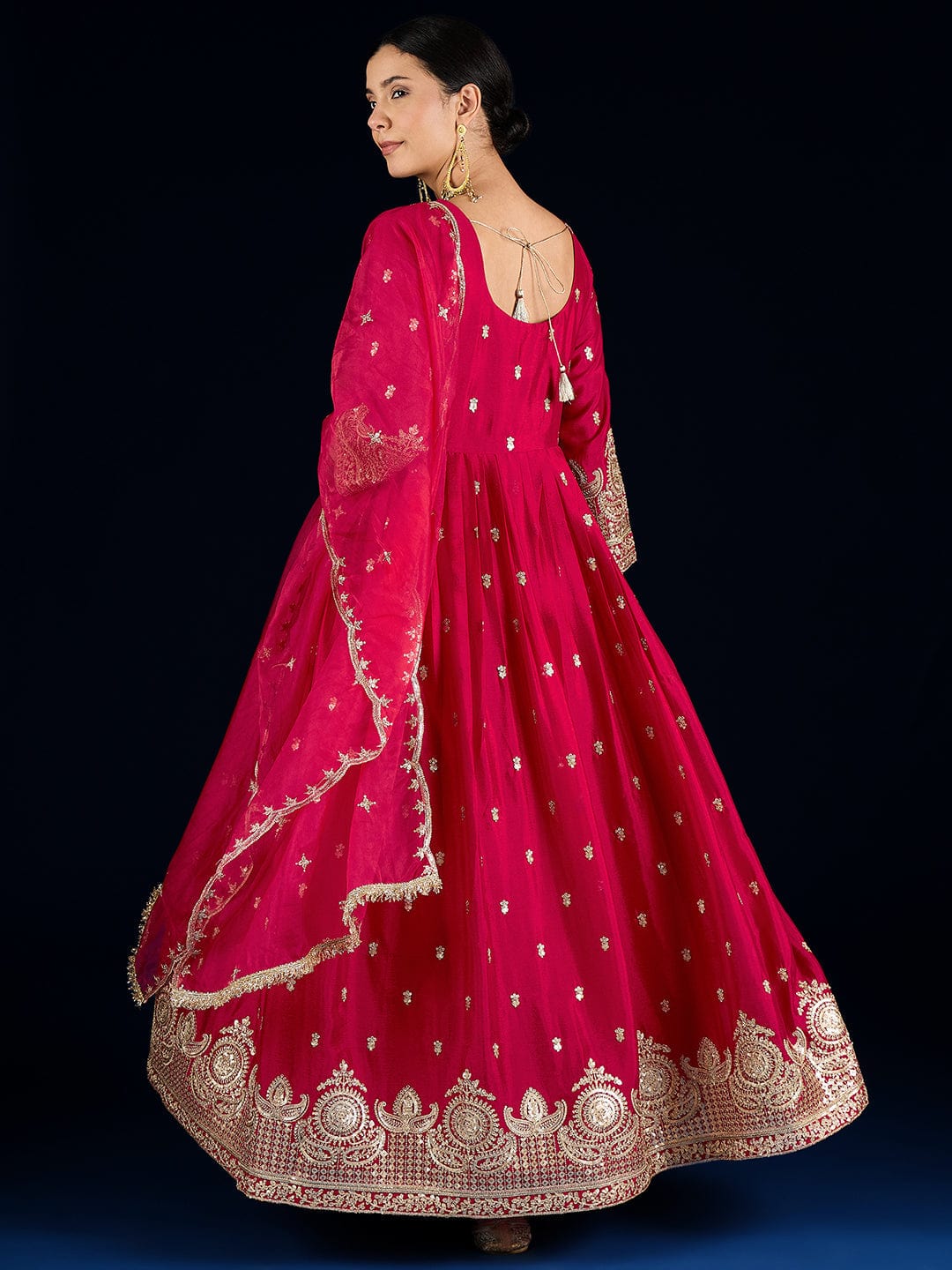 The Kurti Collection A Fuchsia Anarkali Set In Rich Vichitra Fabric With Zari Embroidery, Paired With An Embroidered Organza Dupatta.