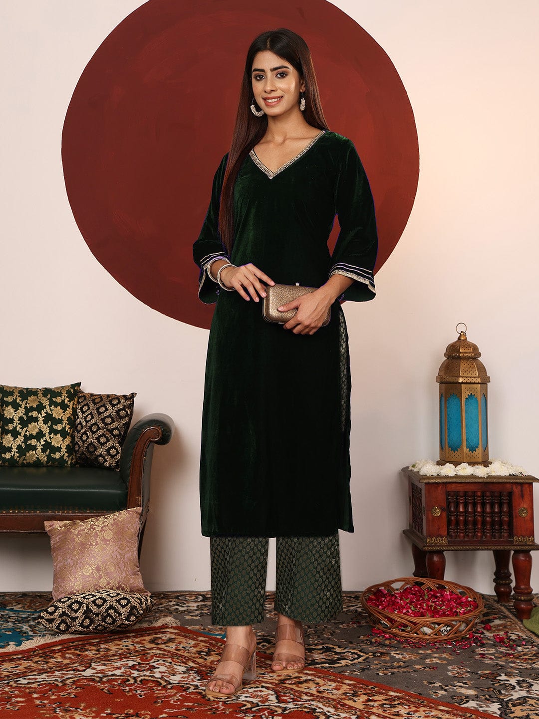 The Kurti Collection Women Flared Sleeve Velvet Kurta With Brocade Trousers