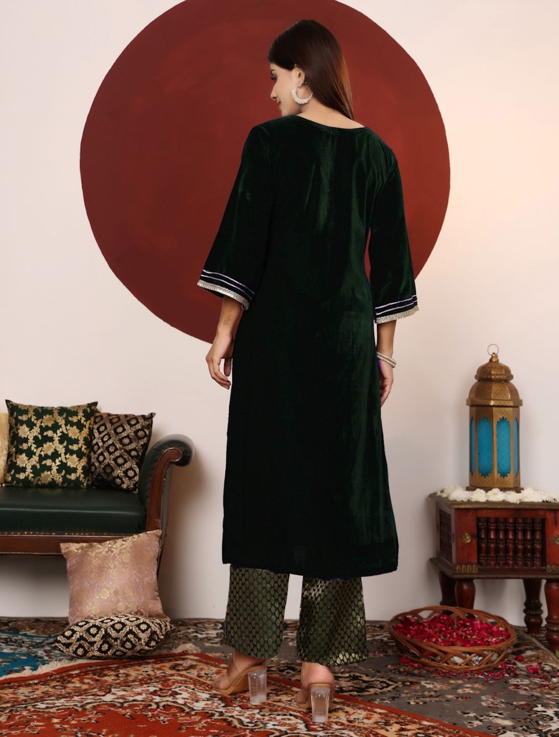 The Kurti Collection Women Flared Sleeve Velvet Kurta With Brocade Trousers