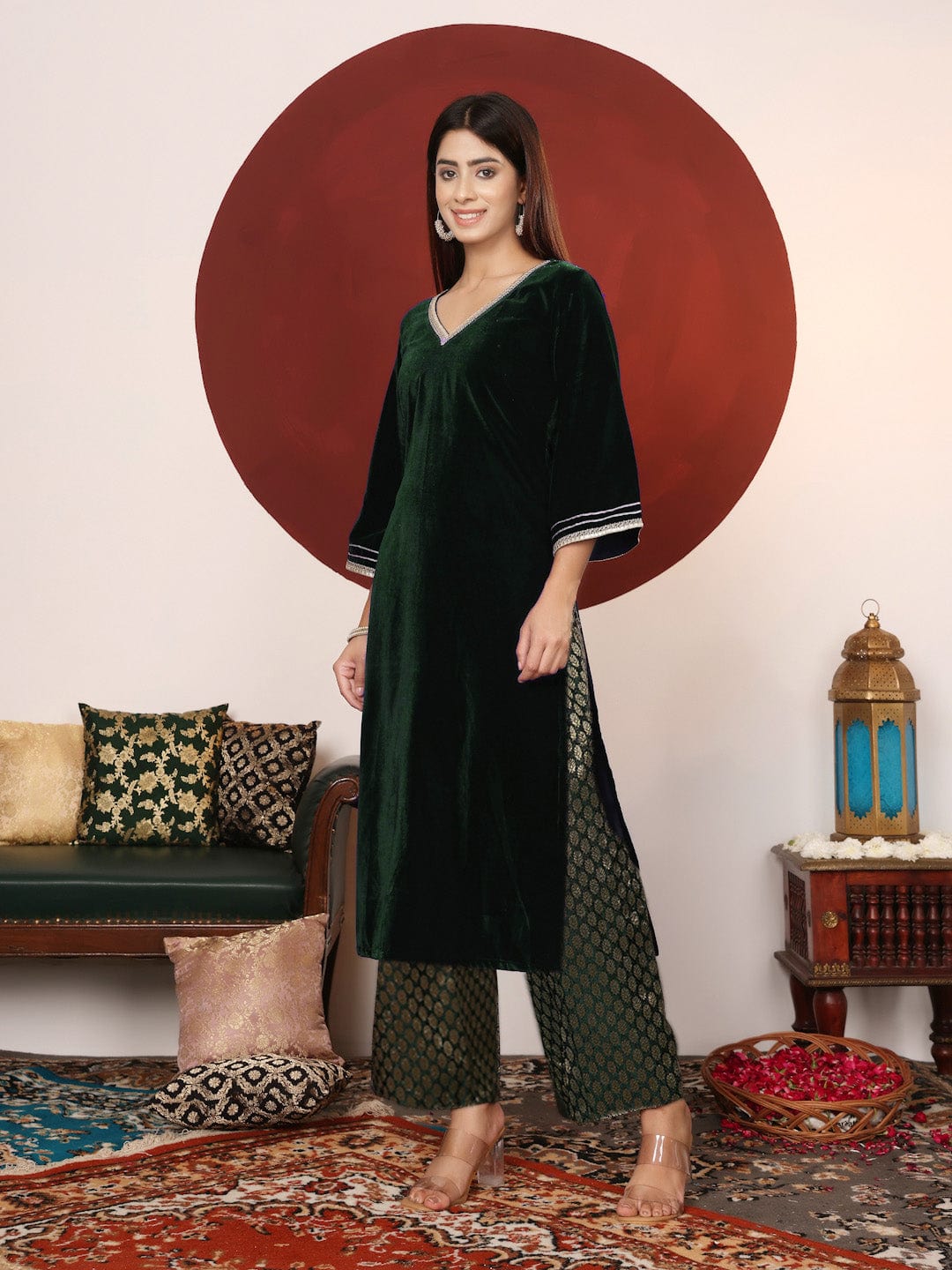 The Kurti Collection Women Flared Sleeve Velvet Kurta With Brocade Trousers