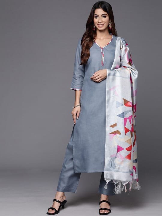 The Kurti Collection Women Grey Straight Kurta With Tonal Bottom & Printed Bhaghalpuri Dupatta