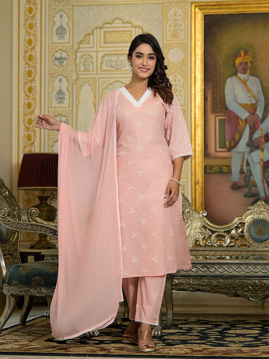 The Kurti Collection Women Peach Chikankari Embroidered Kurta Set With Dupatta