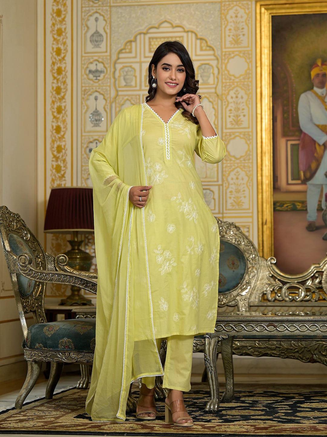 The Kurti Collection Women Lime Green Thread Embroidered Kurta Set With Dupatta