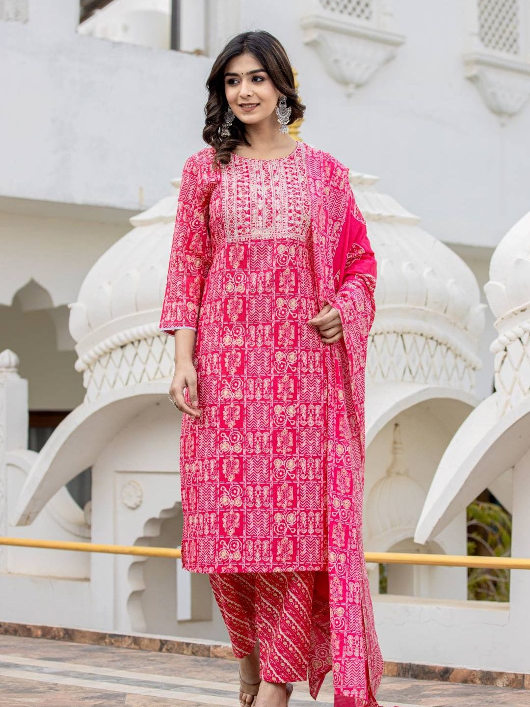 The Kurti Collection Women Pink Round Neck Embroidered Kurta Paired With Bottom And Printed Dupatta