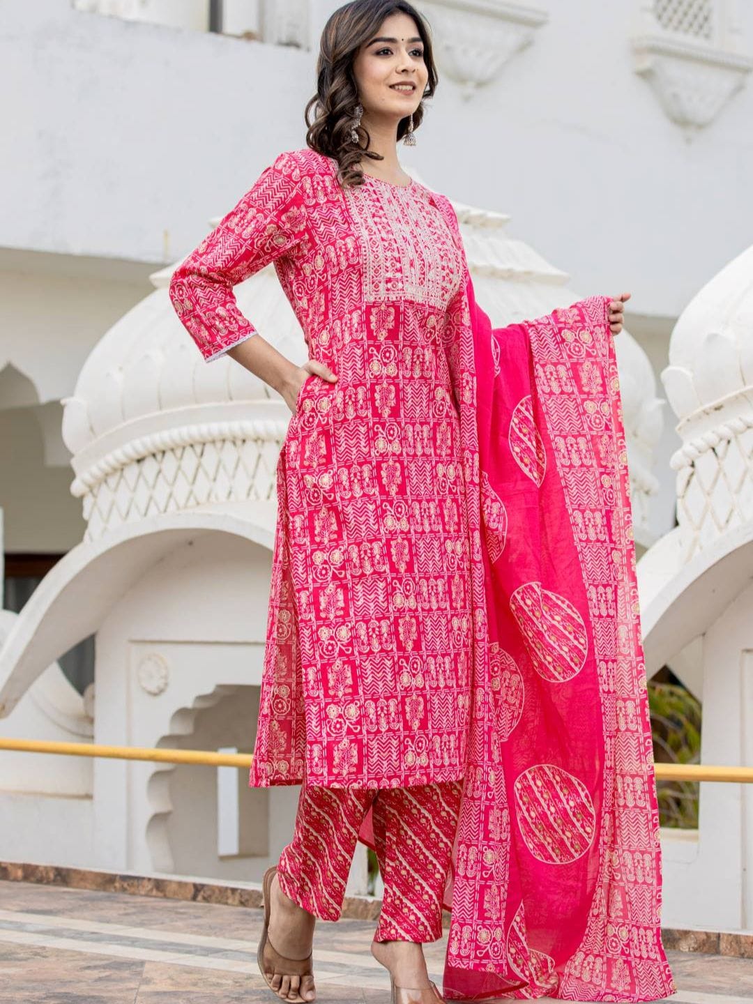 The Kurti Collection Women Pink Round Neck Embroidered Kurta Paired With Bottom And Printed Dupatta