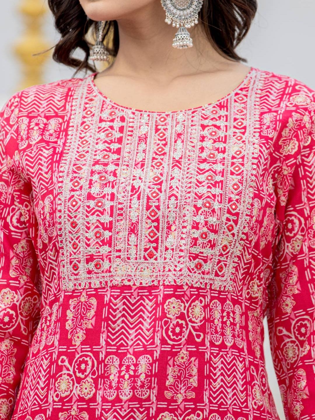 The Kurti Collection Women Pink Round Neck Embroidered Kurta Paired With Bottom And Printed Dupatta