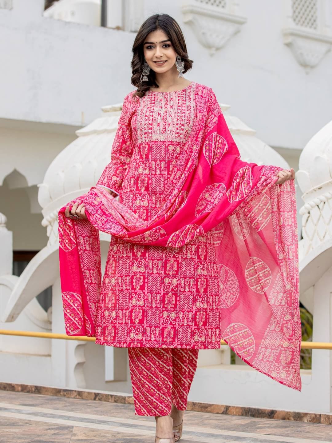 The Kurti Collection Women Pink Round Neck Embroidered Kurta Paired With Bottom And Printed Dupatta