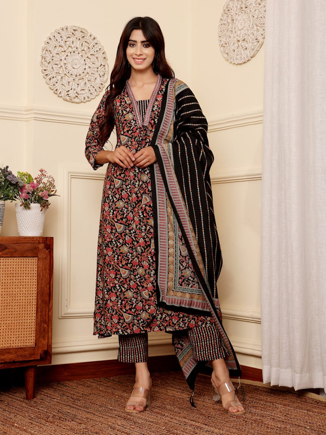 The Kurti Collection Women Black Floral Printed Yoke Embroidered Kurta Paired With Bottom And Dupatta