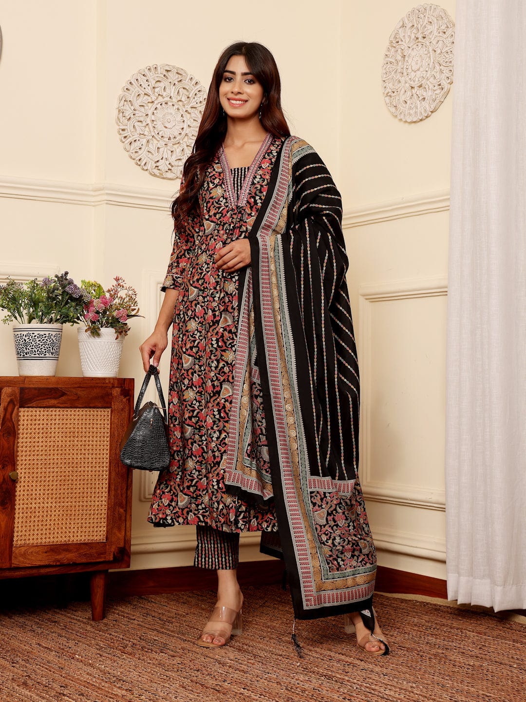 The Kurti Collection Women Black Floral Printed Yoke Embroidered Kurta Paired With Bottom And Dupatta