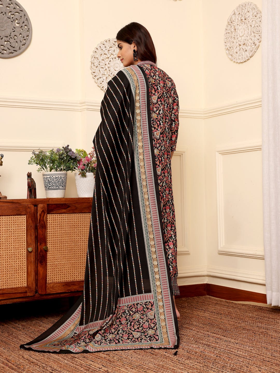 The Kurti Collection Women Black Floral Printed Yoke Embroidered Kurta Paired With Bottom And Dupatta